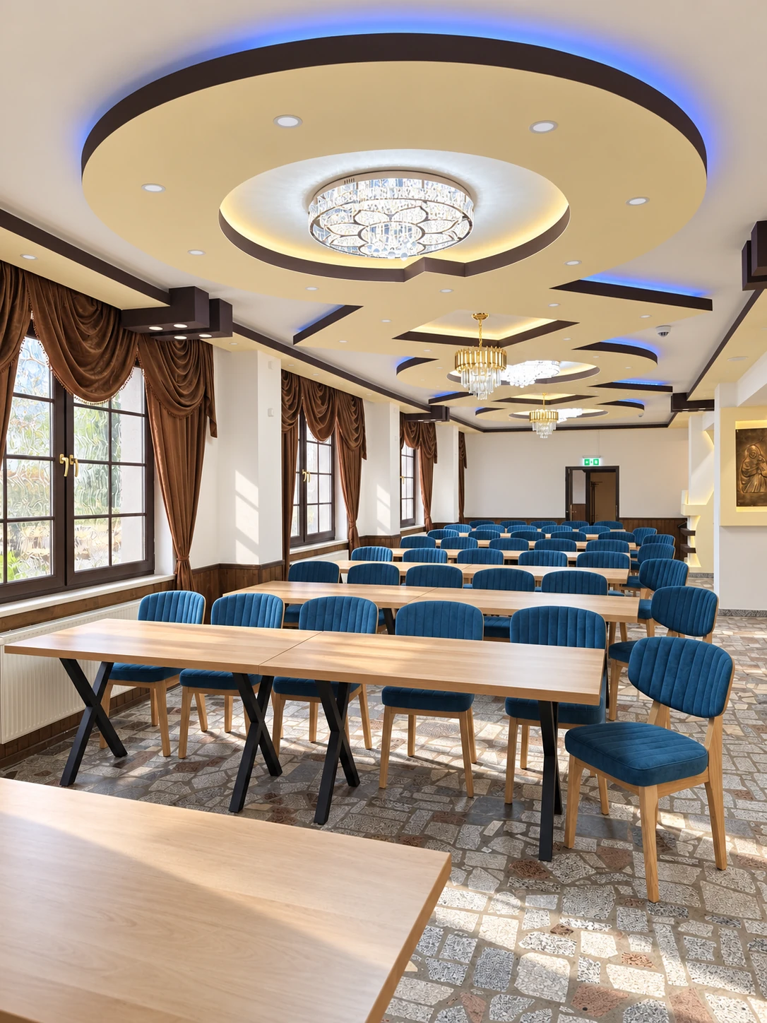 Festsaal im Hotel Hasa mit Kronleuchtern, runder Deckenkuppel und eingedeckten Tischreihen.